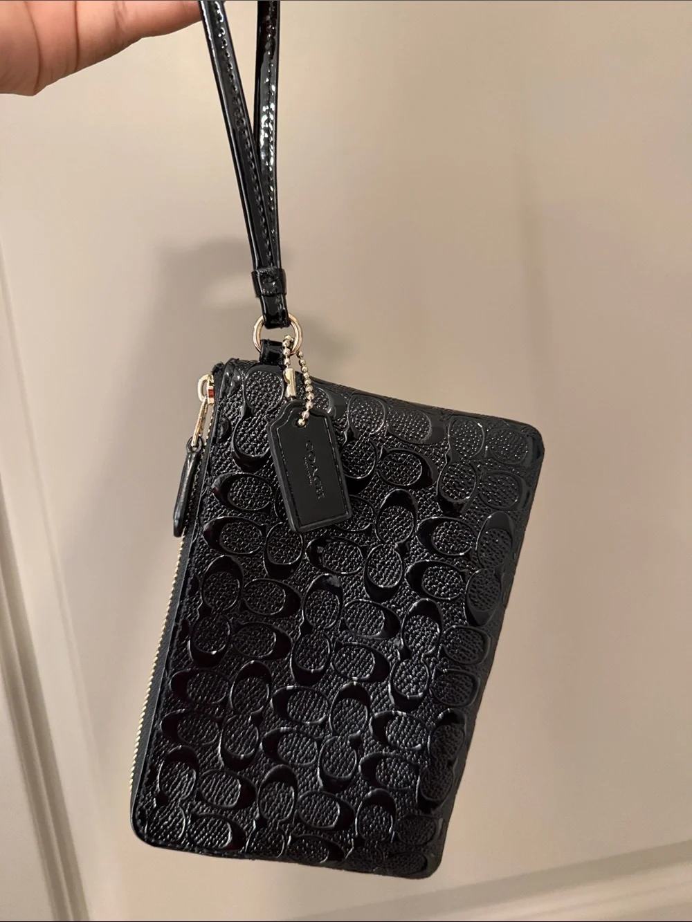 Coach Black Patent Embossed Signature Wristlet